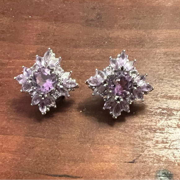 Natural Amethyst Cluster Earrings | 925 Sterling Silver Omega Back NEW #434 - Picture 4 of 6